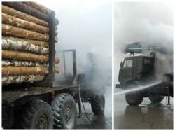 В Кировской области на ходу загорелся КамАЗ с бревнами