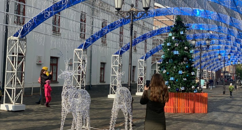 Кировчане фотографируются на фоне новогодней ели и оленей в центре города