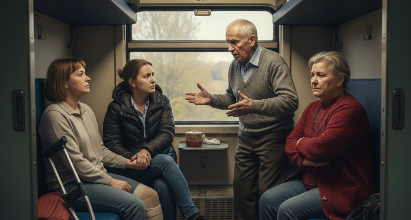 В купе уже были две женщины, одна не могла ходить. Зашли пенсионеры и потребовали отдать нижние места
