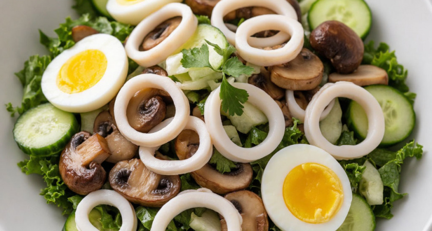 Свежий вкус для Новогоднего стола. Никаких экзотических продуктов - все купила в ближайшем магазине. Готовлю этот салат на каждое застолье