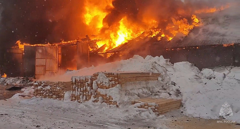 В Советске 15 спасателей тушили мощный пожар на деревообрабатывающем предприятии