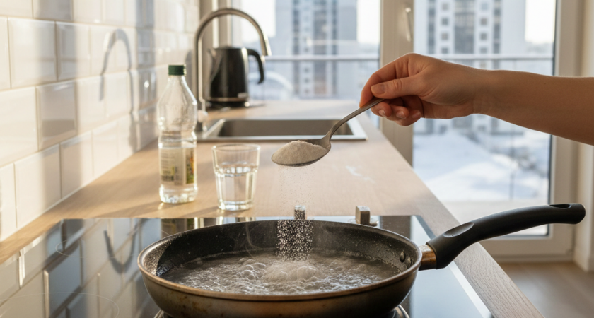 2 ложки в воду - и сковорода снова станет антипригарной: теперь ничего не прилипнет - лайфхак