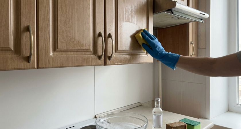 Стираю липкий налет с кухонных шкафов за 3 минуты - простой раствор, который смывает жир