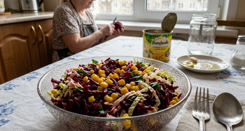 Берем свеклу и 1 банку кукурузы - получаем очень вкусный салат: идеален и на праздник, и на каждый день
