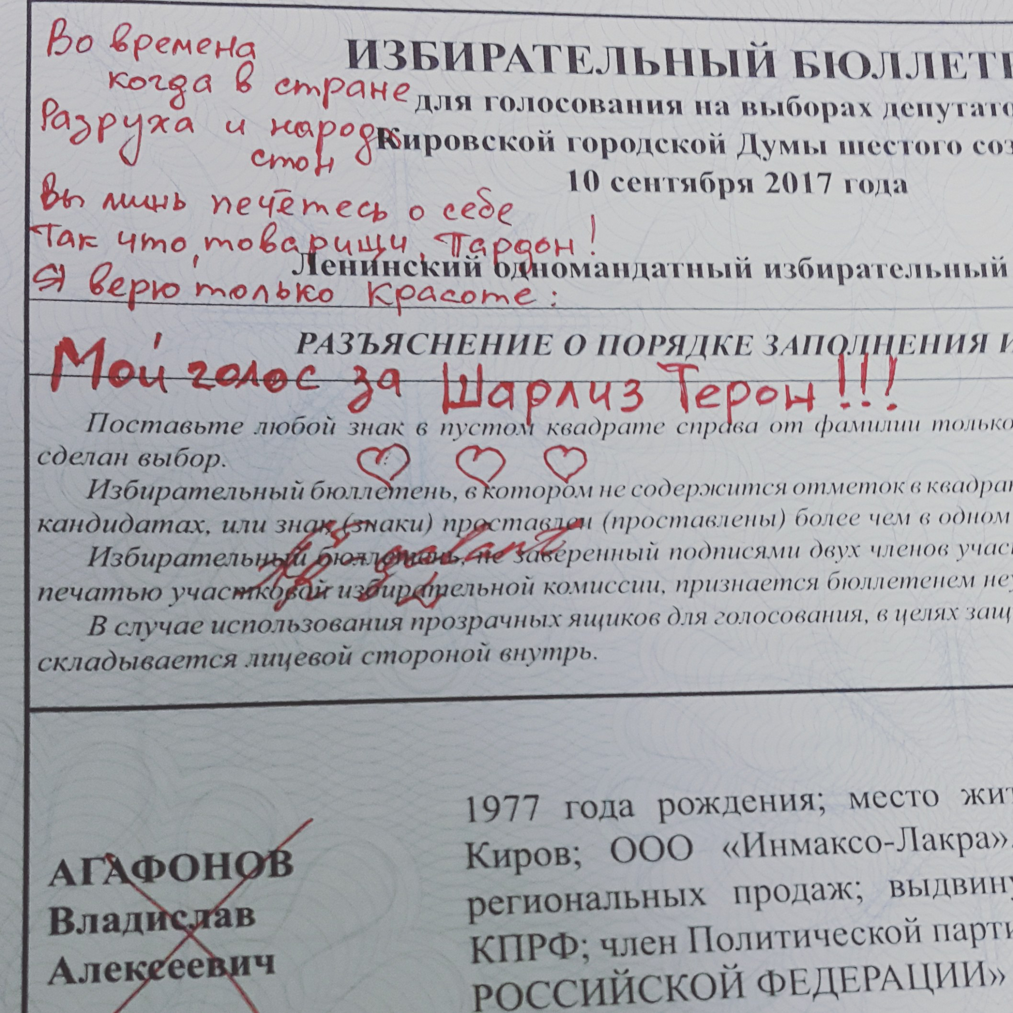"Я верю только красоте!": что писали на бюллетенях во время выборов в Кировской области