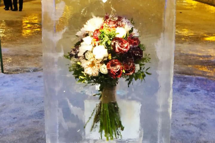 Цветы в глыбе льда: в Кирове появился необычный арт-объект