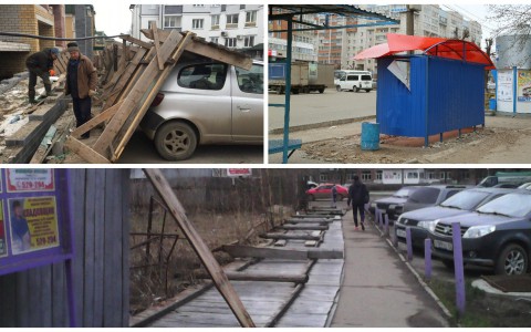 Сильный ветер в городе: рухнувший забор, дерево и разрушенная остановка