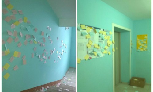 Романтика в Чистых прудах: молодой человек обклеил стены подъезда стикерами, чтобы попросить прощения