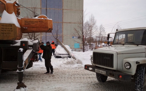 В Кирове коммунальщики уронили столб на припаркованную иномарку