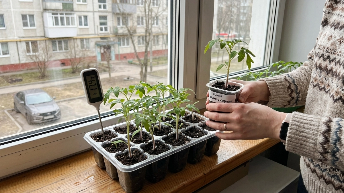 Один прием, спасающий от вытягивания рассады томатов - но начинать надо с самой посадки