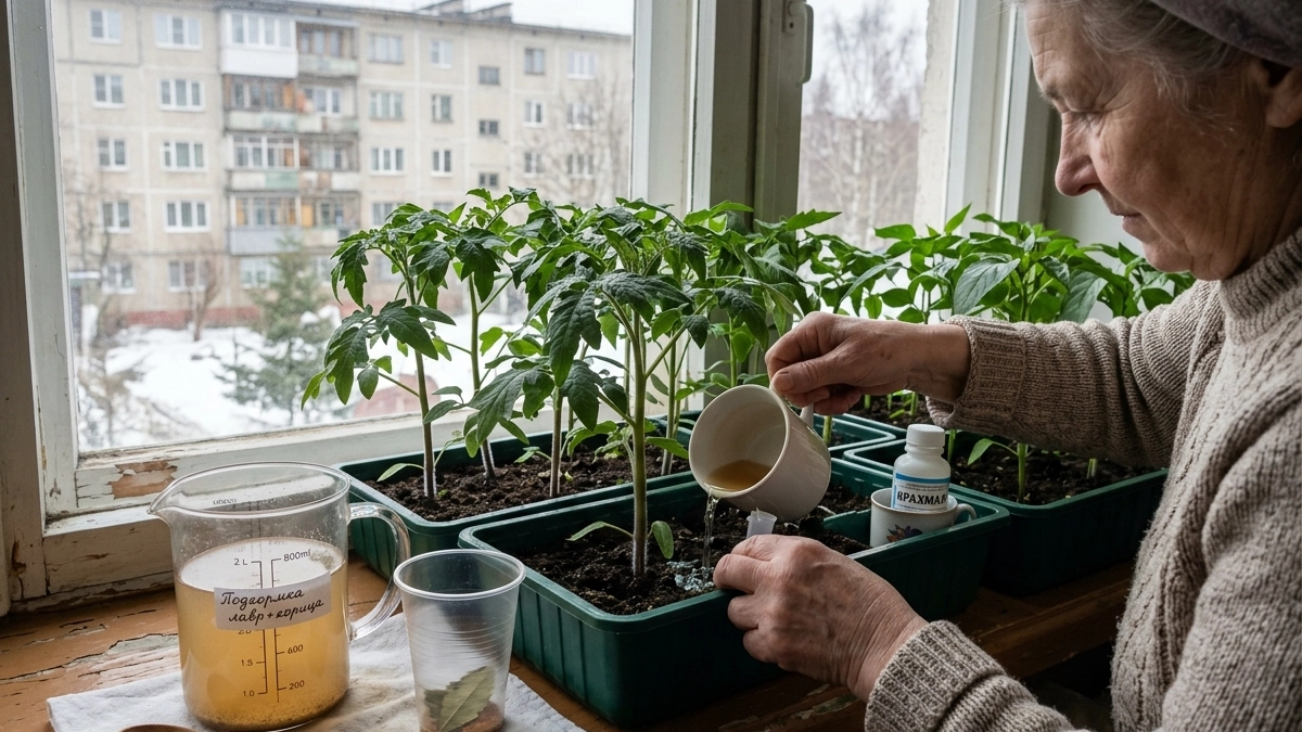 Не рассада, а мощные дубки: 1 ложка на 1 литр - перцы с томатами окрепли на глазах: теперь толщиной с мизинец