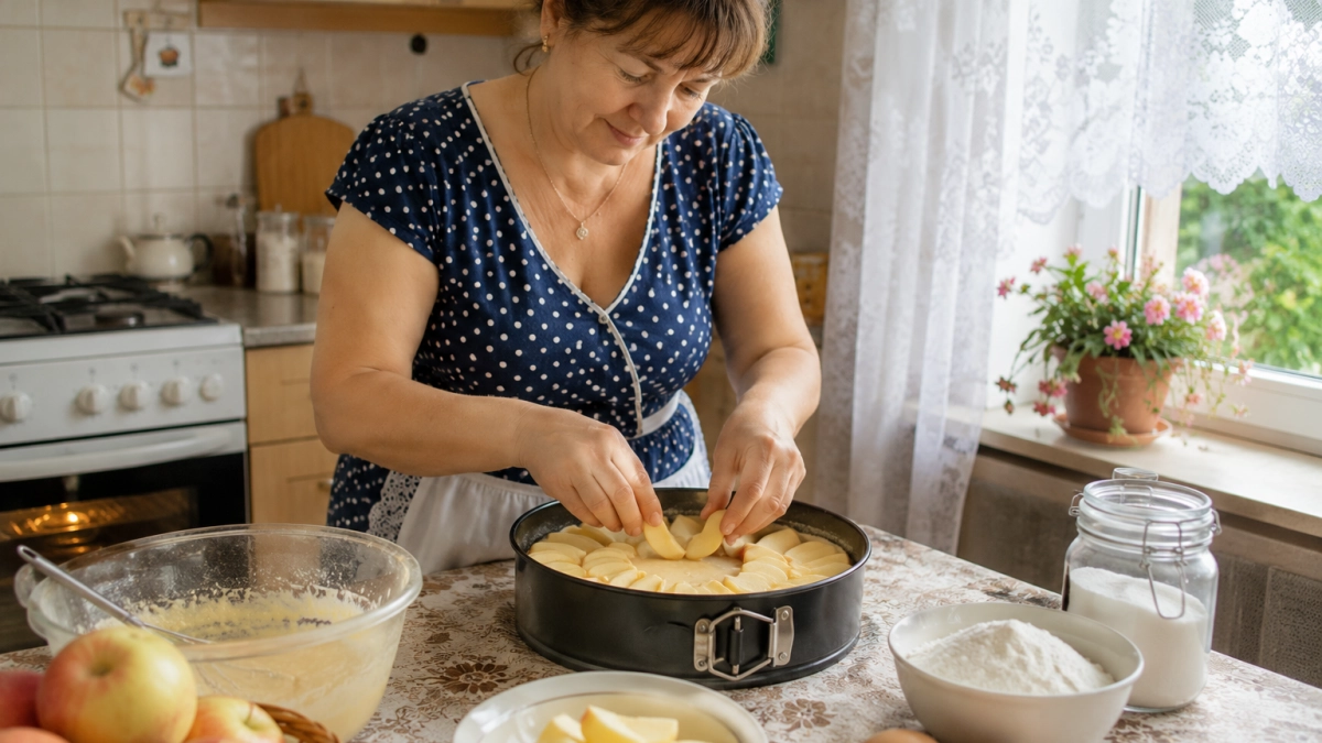 Шарлотка, которая получается с первого раза: 3 яйца, стакан муки, сахара и яблоки — пышная, нежная и без хлопот