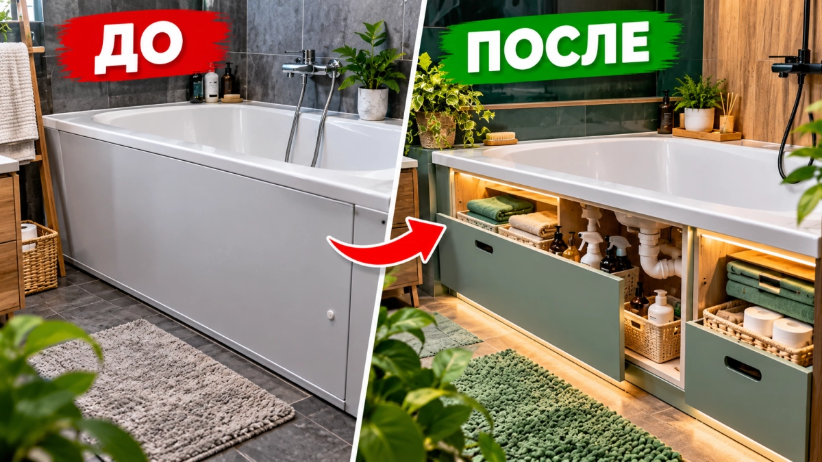 Глухой экран под ванной — вчерашний день: новый вариант и трубы прячет, и освобождает место для вещей