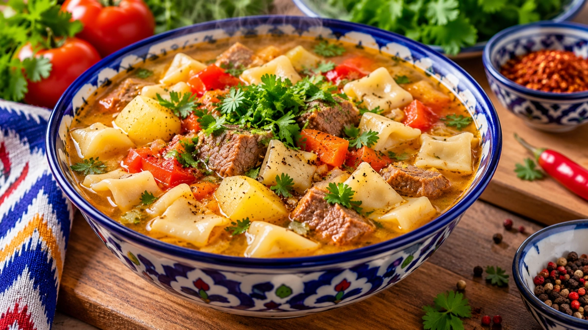 Суп, заменяющий и первое, и второе: узбекский мампар — мясо, картошка и кусочки теста в густом бульоне